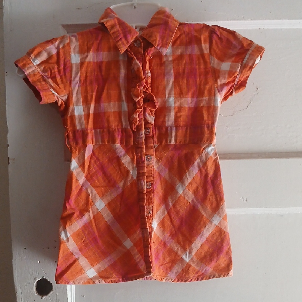 Vibrant Orange Checkered Kids Button-Down Shirt